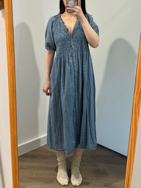 Mango Slate Blue Smocked V-Neck Midi Dress